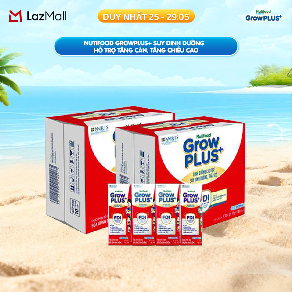Thùng 48 hộp Sữa Nước Nutifood GrowPLUS+ Suy Dinh Dưỡng (Đỏ) - Hỗ trợ tăng cân, tăng chiều cao Ít đường 180ml - Trên 1 tuổi (Bao bì tùy đợt nhập hàng)