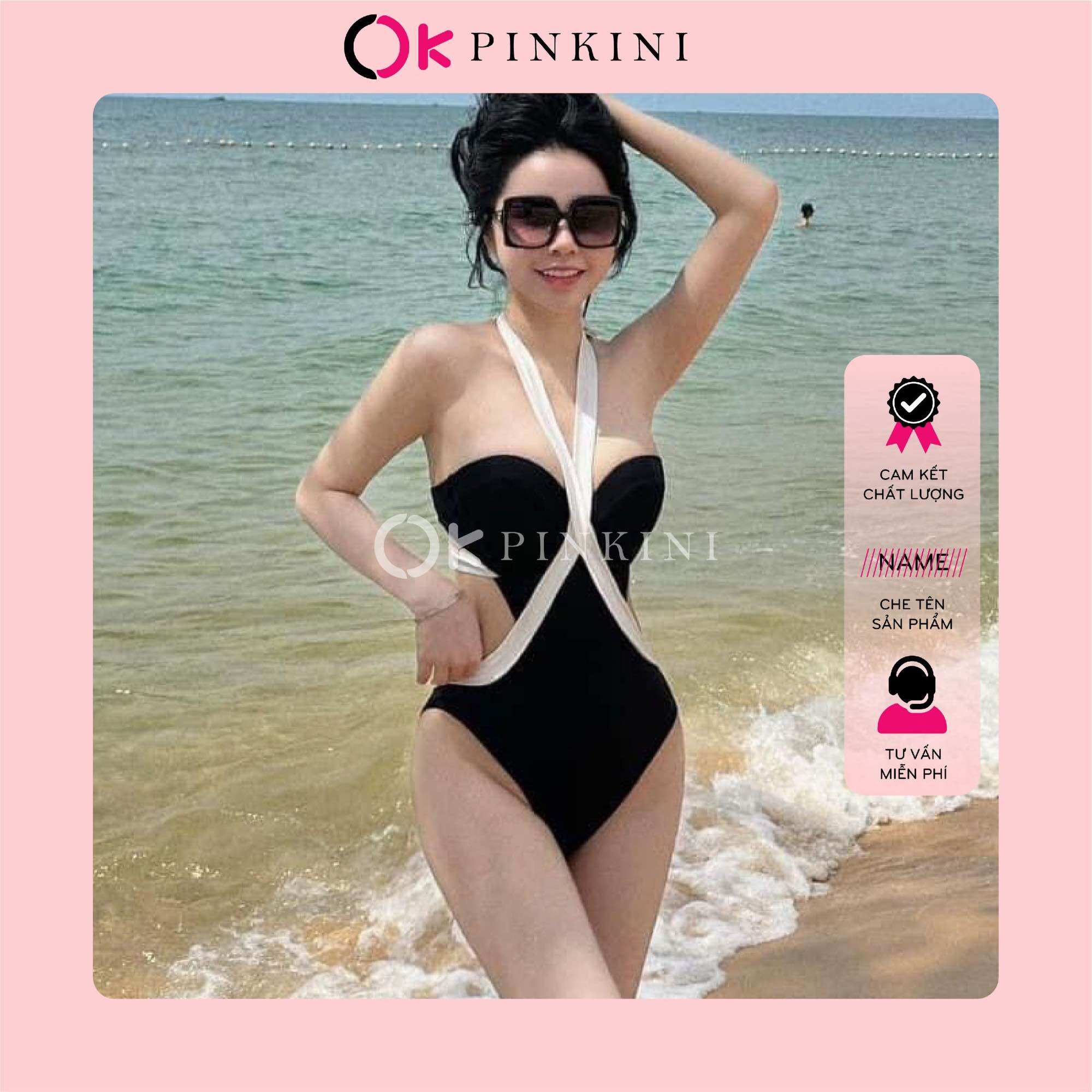 Bikini 1 mảnh áo gọng khoét eo viền trắng