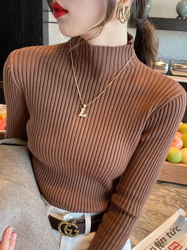 Thanh Lịch Chắc Chắn Nữ Áo Len Cao Cổ Dài Tay Ôm Vừa Vặn Cổ Dệt Kim Hàng Đầu Thời Trang Hàn Quốc Đơn Giản Sang Trọng Quần Áo Mùa Đông