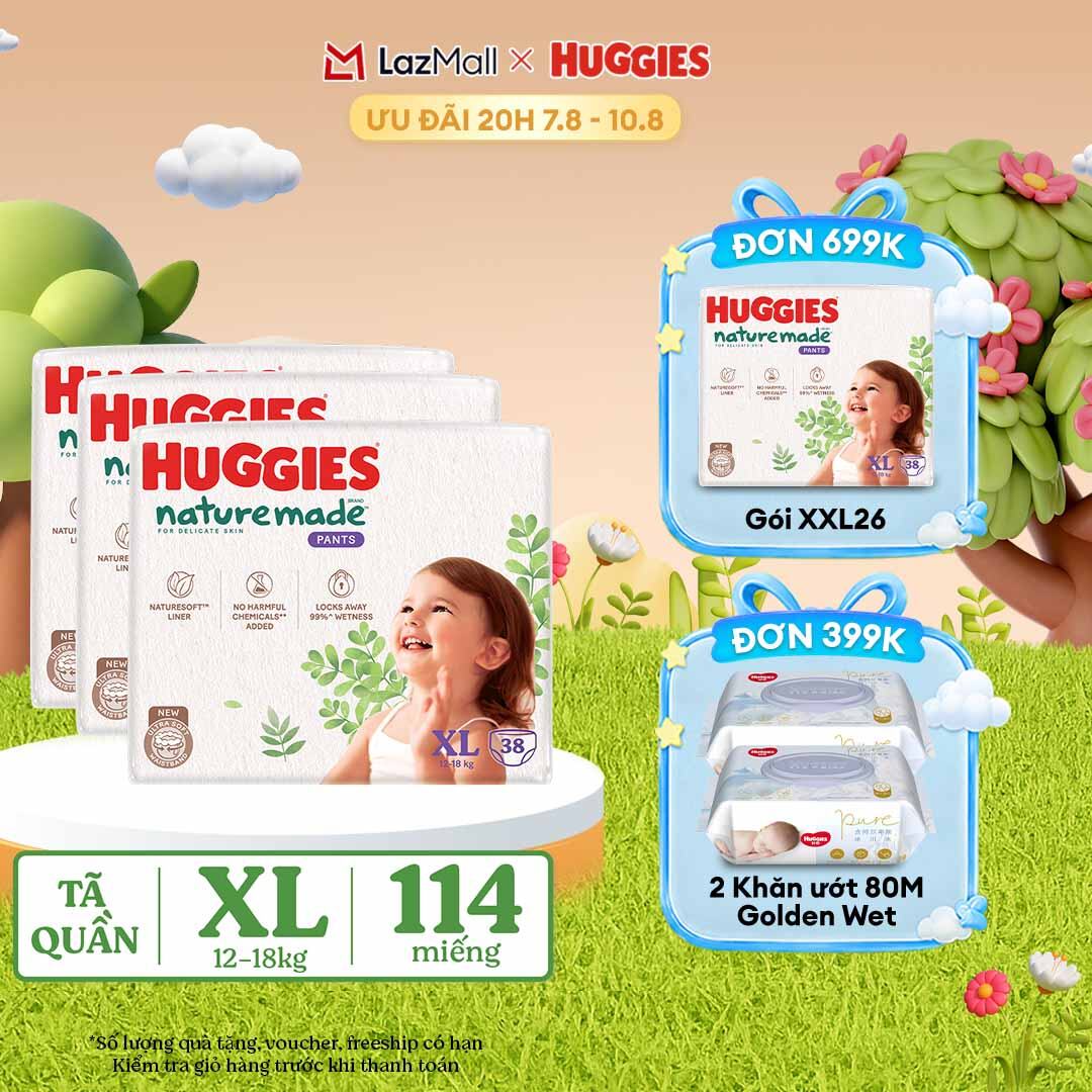 [20h 7-10.8 QUÀ TẶNG ĐƠN 399K] Combo 3 Tã/Bỉm quần HUGGIES PLATINUM NatureMade XL38 (12-18kg)-Gói Jumbo 38 miếng