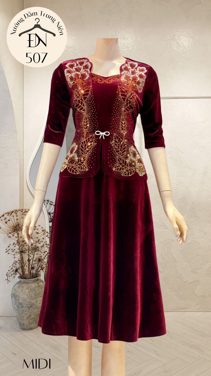Đầm Nhung ép đá cao cấp  tay lỡ