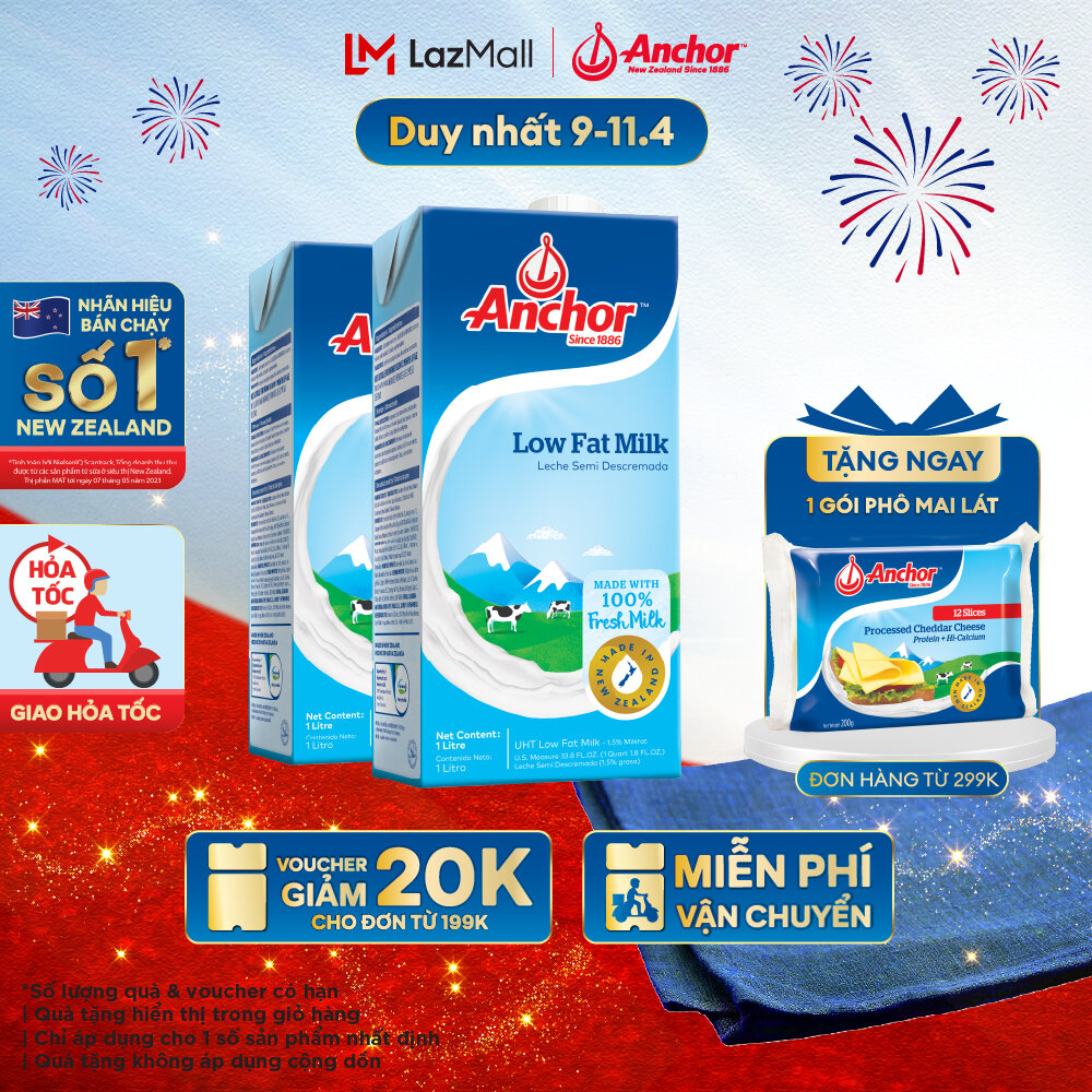 GIẢM 20K ĐƠN 199K - Combo 2 sữa tươi tiệt trùng Anchor ít béo hộp 1 lít