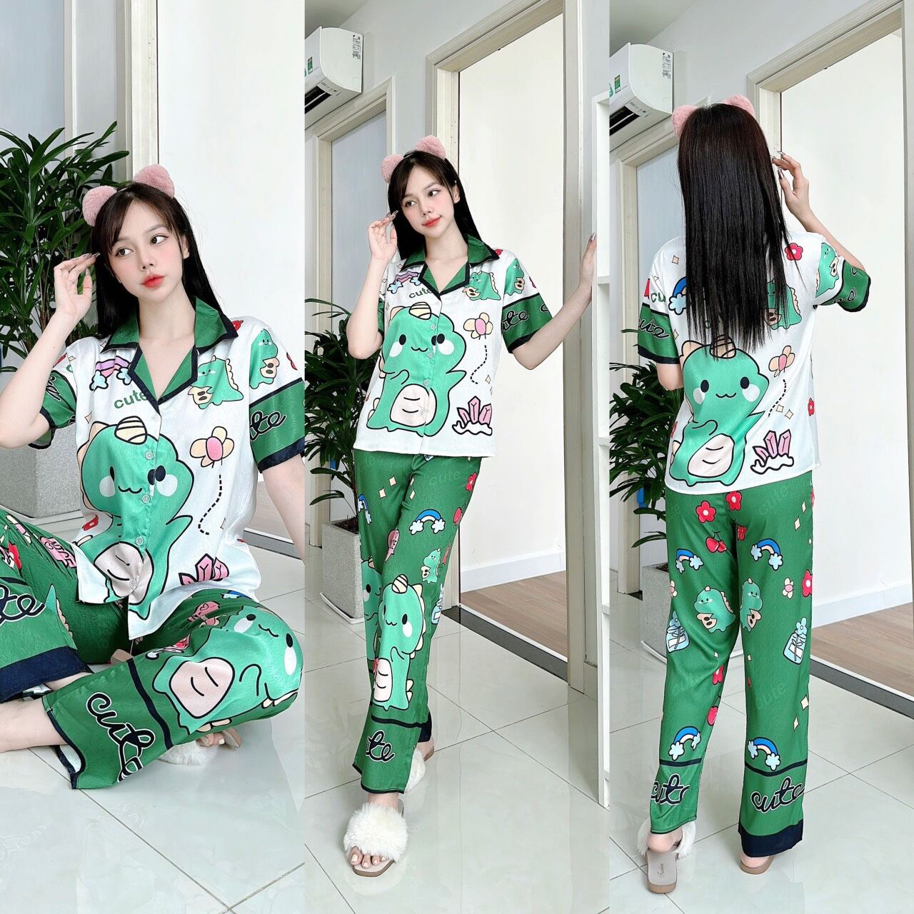 Freesize dưới 55kg - ĐỒ BỘ TK LỤA XƯỚC, PIJAMA CD HÌNH KHỦNG LONG SIÊU IU