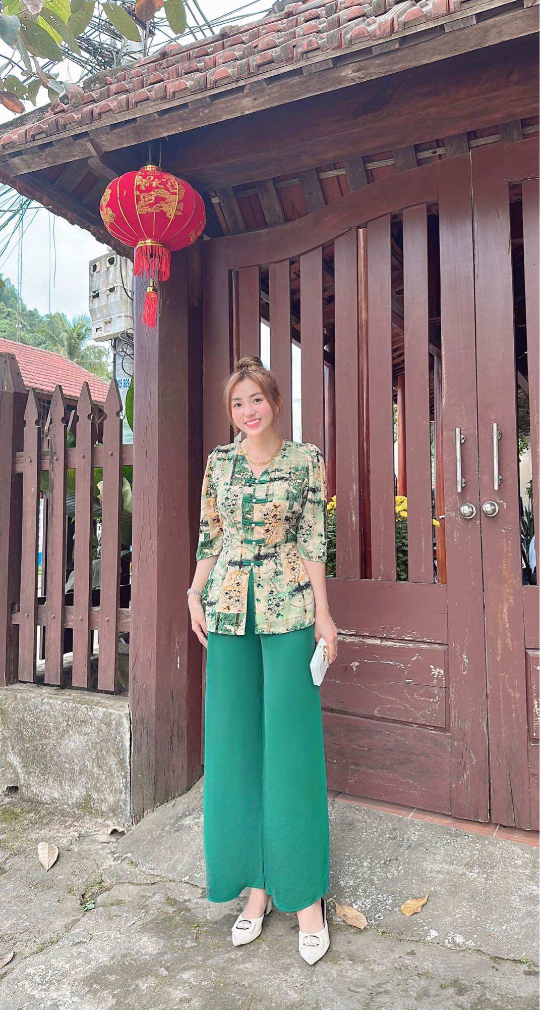 Bộ bà ba cổ tym kết hợp nút thắt vải lụa mango cao cấp áo nữ