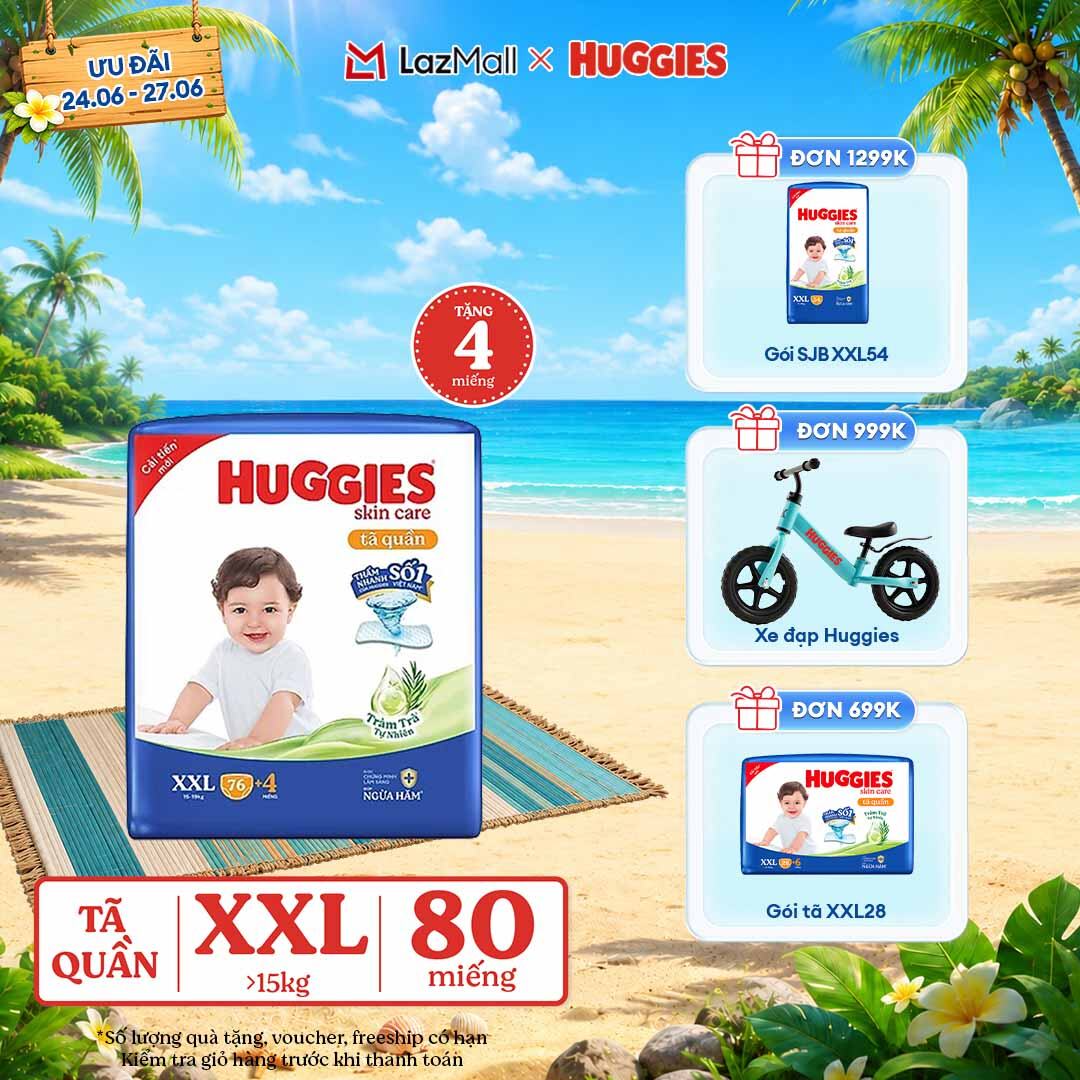 [Chỉ 25-29.06 GIẢM THÊM 90K]  Gói Tã/bỉm quần HUGGIES SKINCARE MEGA JUMBO size XXL76+4 miếng