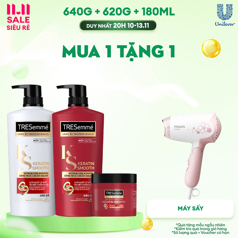 Combo Dầu Gội Dầu Xả Kem Ủ TRESemmé Keratin Smooth Keratinbond+ 640g 620g 180ml Cho Tóc Khô Xơ Rối V