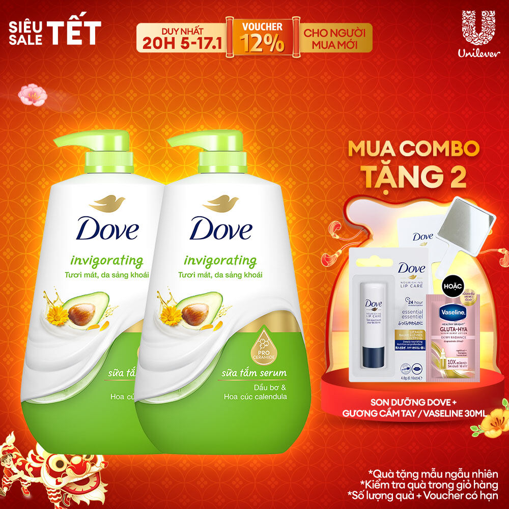 Combo 2 Sữa tắm dưỡng thể Dove chăm da mềm mịn tức thì với dưỡng chất lợi khuẩn da 900g/chai (bao bì