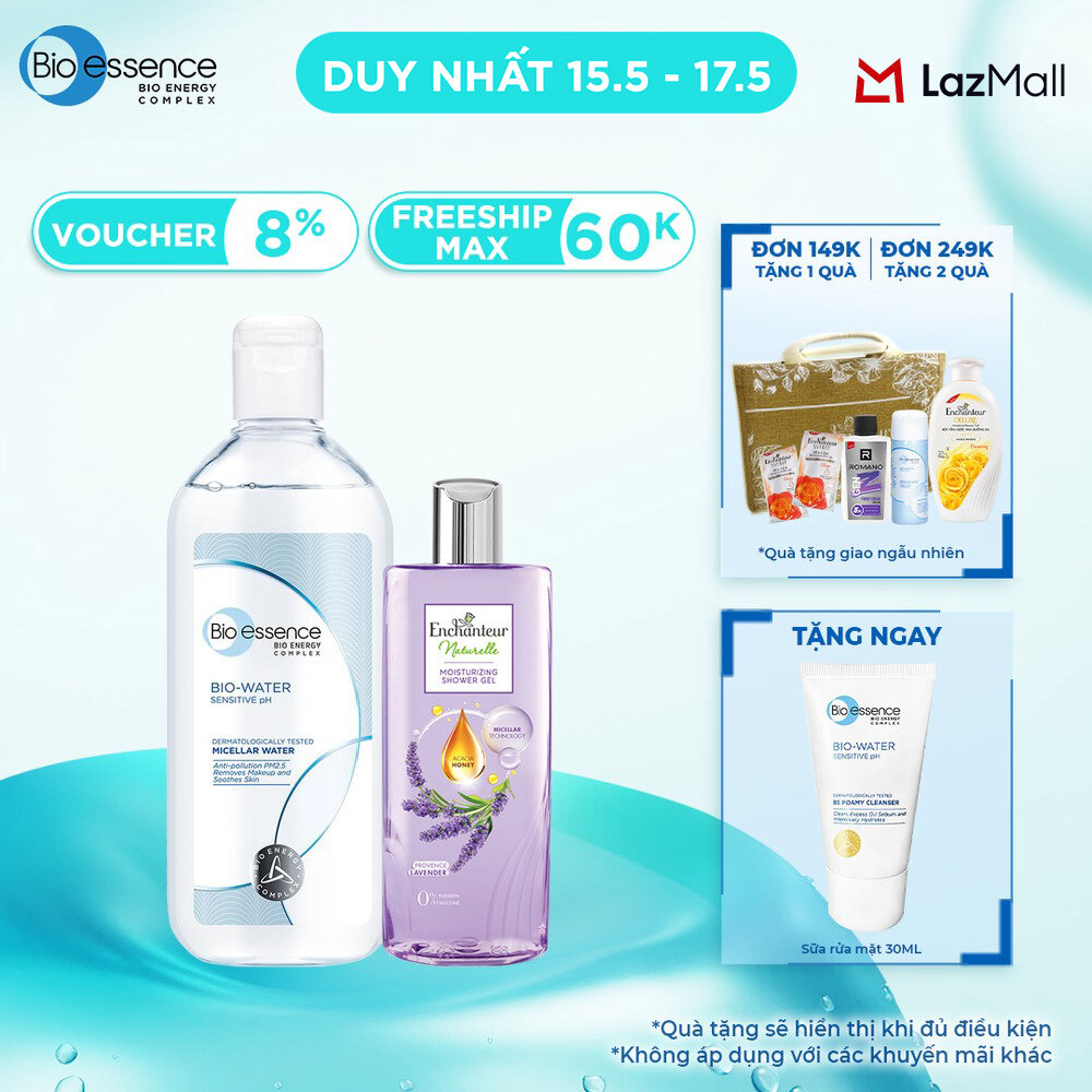 Nước tẩy trang ẩm mượt mịn màng Bio-Essence BioWater Micellar 400ml + tặng kèm chai Sữa tắm Enchanteur naturelle 250g (mùi ngẫu nhiên)