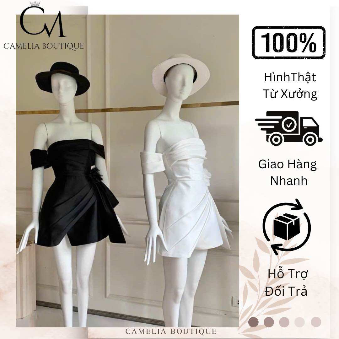 CAMELIA BOUTIQUE- Đầm trễ vai xếp eo hoa KTCS200