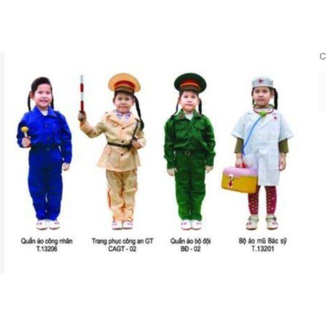 Bộ trang phục bộ đội, công an, bác sĩ, cử nhân, công nhân cho trẻ mầm non