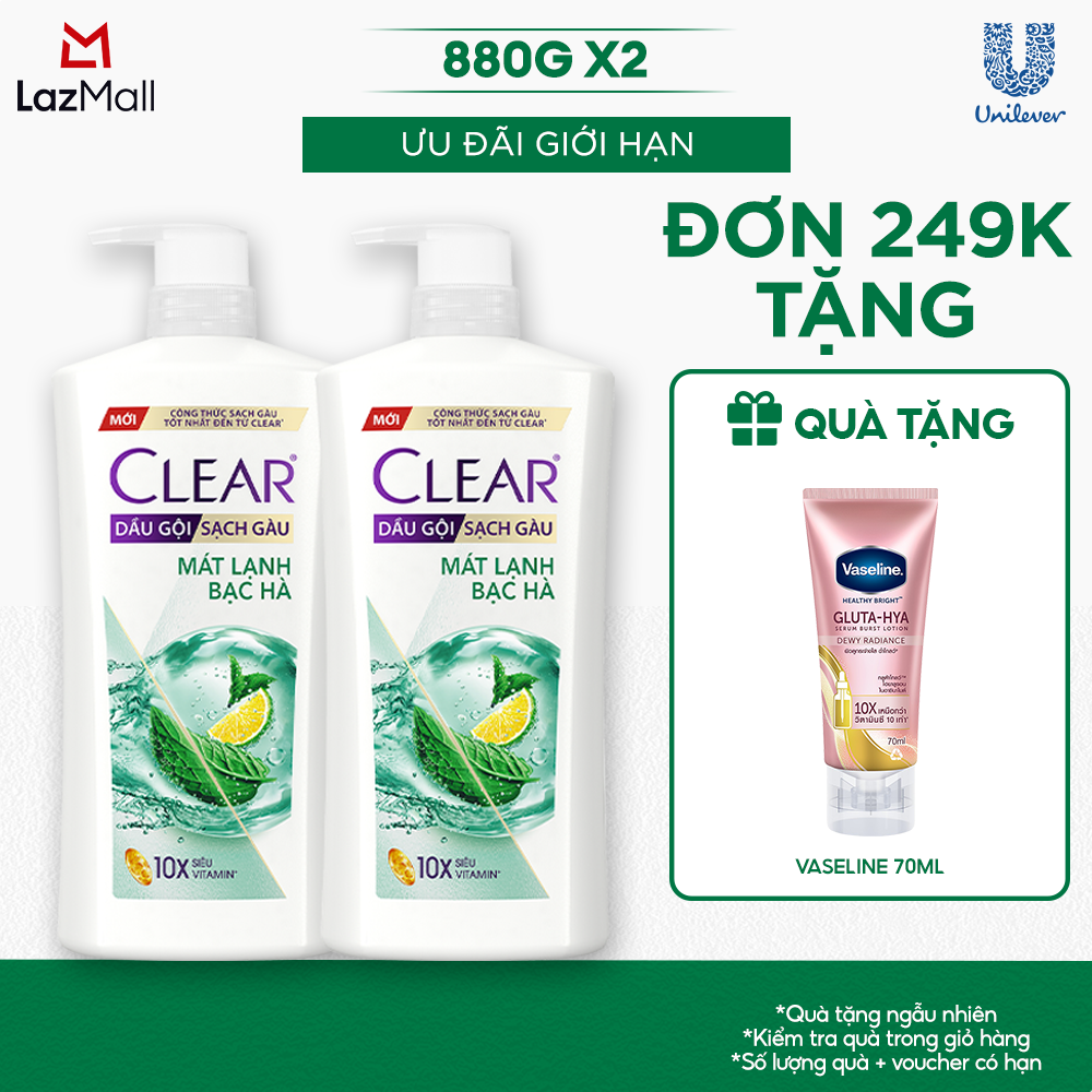 Combo 2 Dầu gội đầu Sạch Gàu Clear Mát Lạnh Bạc Hà 880g