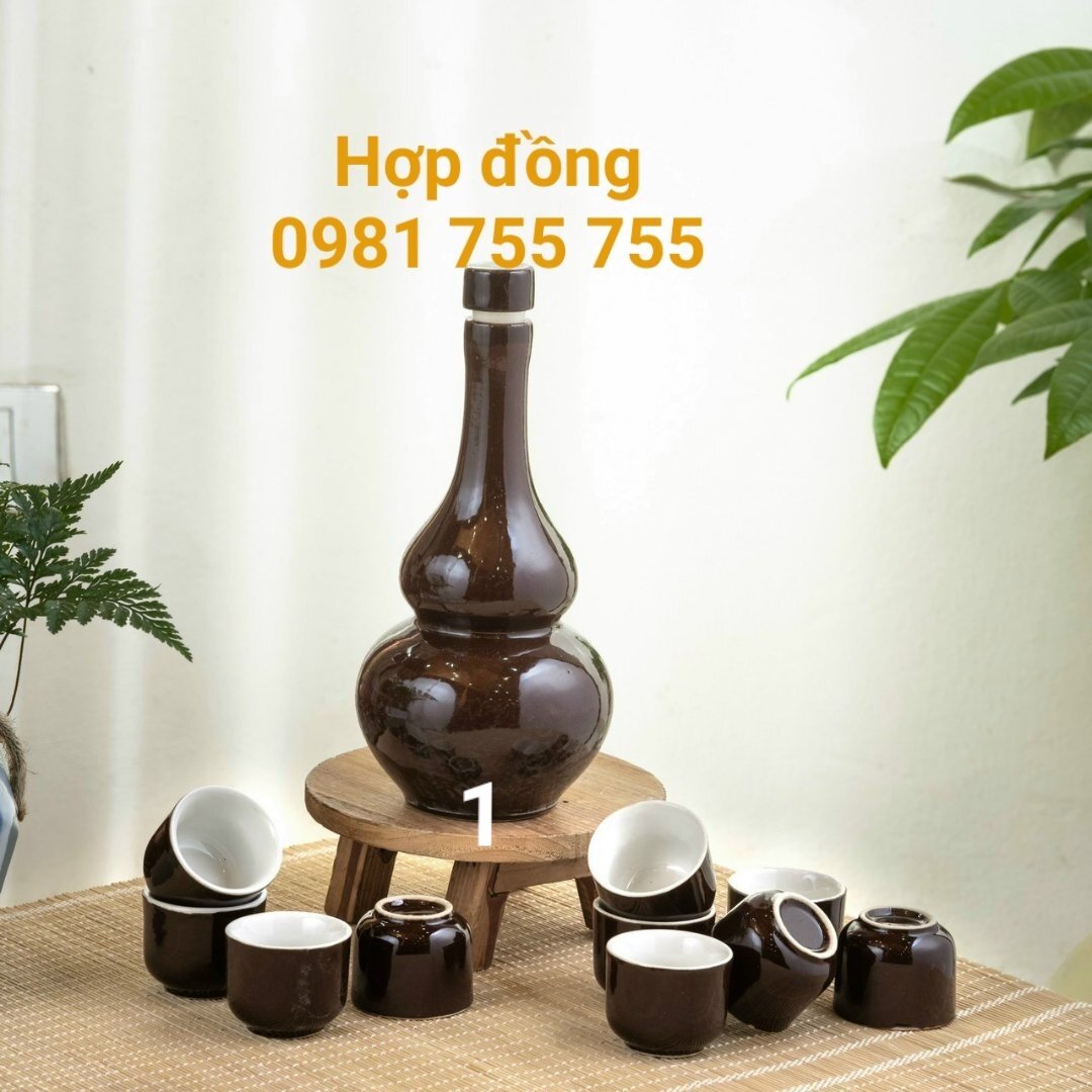 Vò Rượu Nâu Bóng kèm 10 chén,,bình đựng rượu 500ml