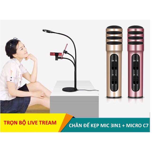Bộ hát karaoke, live tream trên điện thoại ( Chân đế kẹp mic 3in1 có đèn Led + Micro C7)
