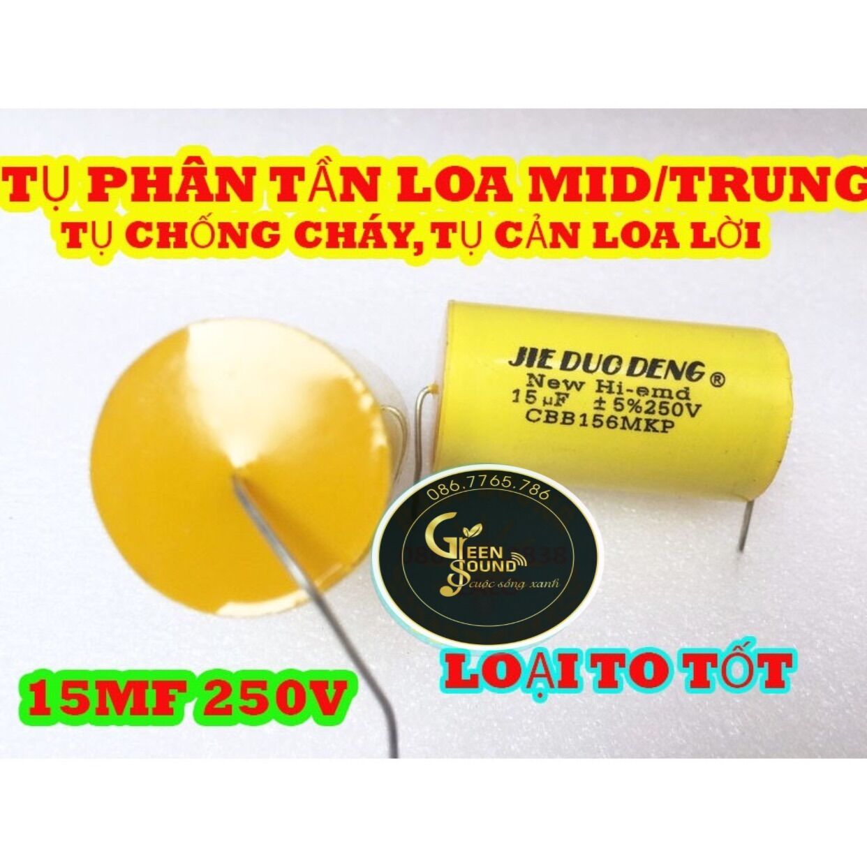 Tụ chống cháy loa trung/mid 15mf 250v vàng - tụ cản loa lời - tụ phân tần