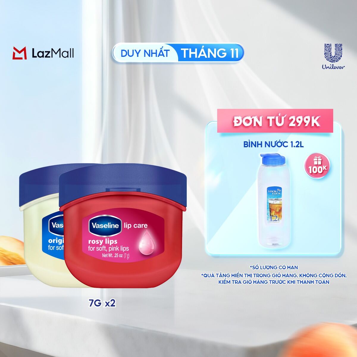 Bộ 2 sáp dưỡng môi Vaseline dạng hũ 7g: Hồng Xinh và Mềm Mịn