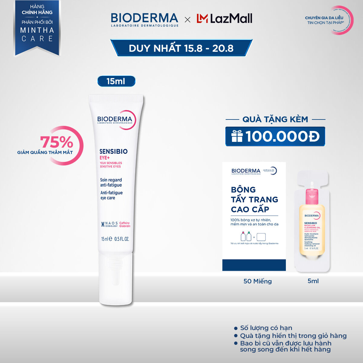 Gel dưỡng mắt 3 tác động thế hệ mới Bioderma Sensibio Eye+ 15ml