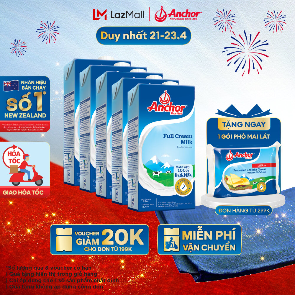 [GIẢM 20K ĐƠN 199K + TẶNG 1 SỮA 1L][GIAO HÀNG HỎA TỐC - HCM] Combo 5 sữa tươi tiệt trùng Anchor nguyên kem hộp 1 lít