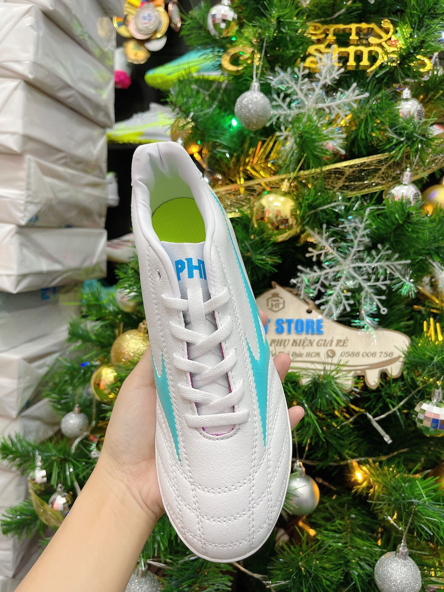 Giày đá bóng MIZUNO PHỦI HT TF đã khâu full đế( trắng xanh)