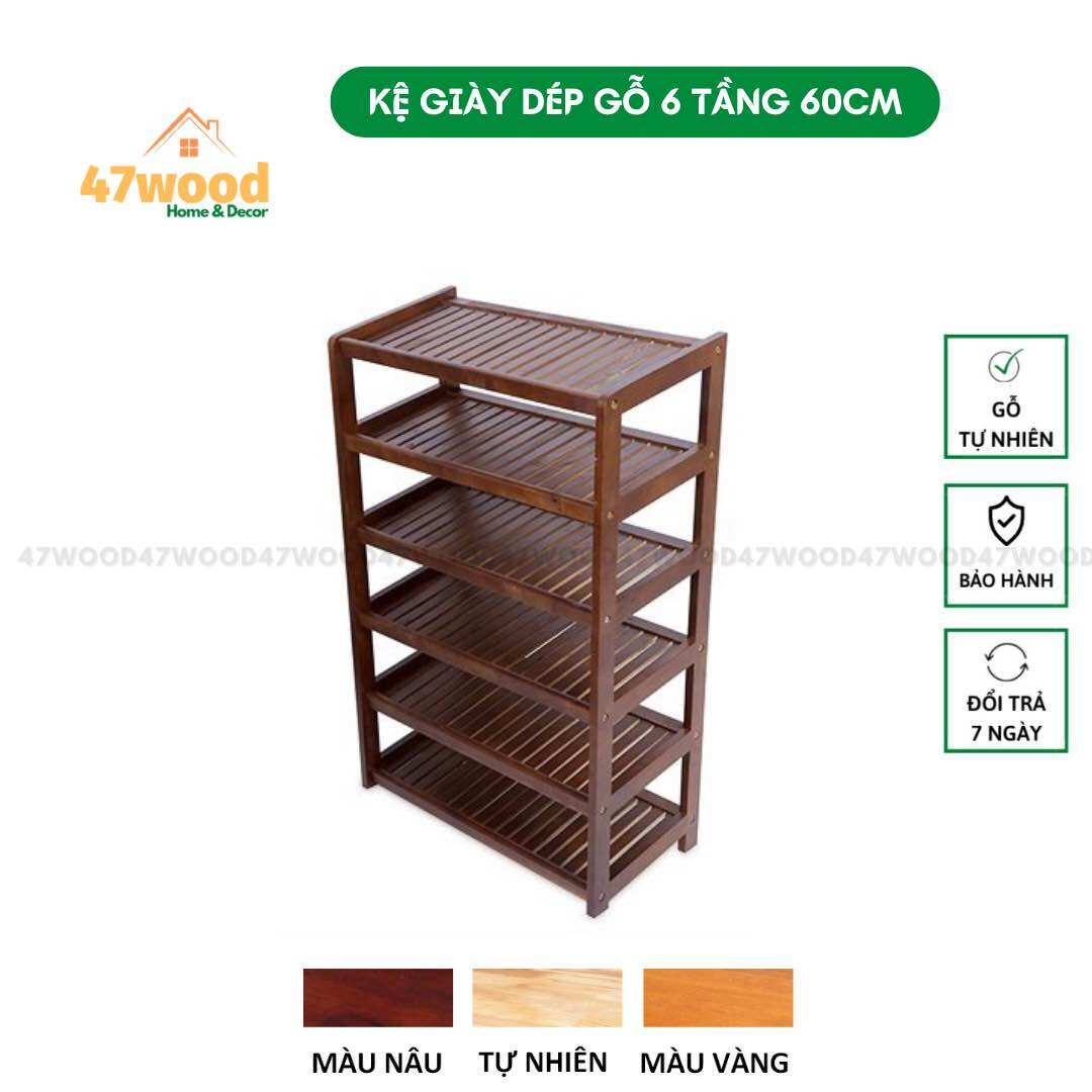 Kệ giày dép 6 tầng rộng 60cm - Gía giày dép gỗ cao su chống nước kích thước 6 ầng rộng 60cm