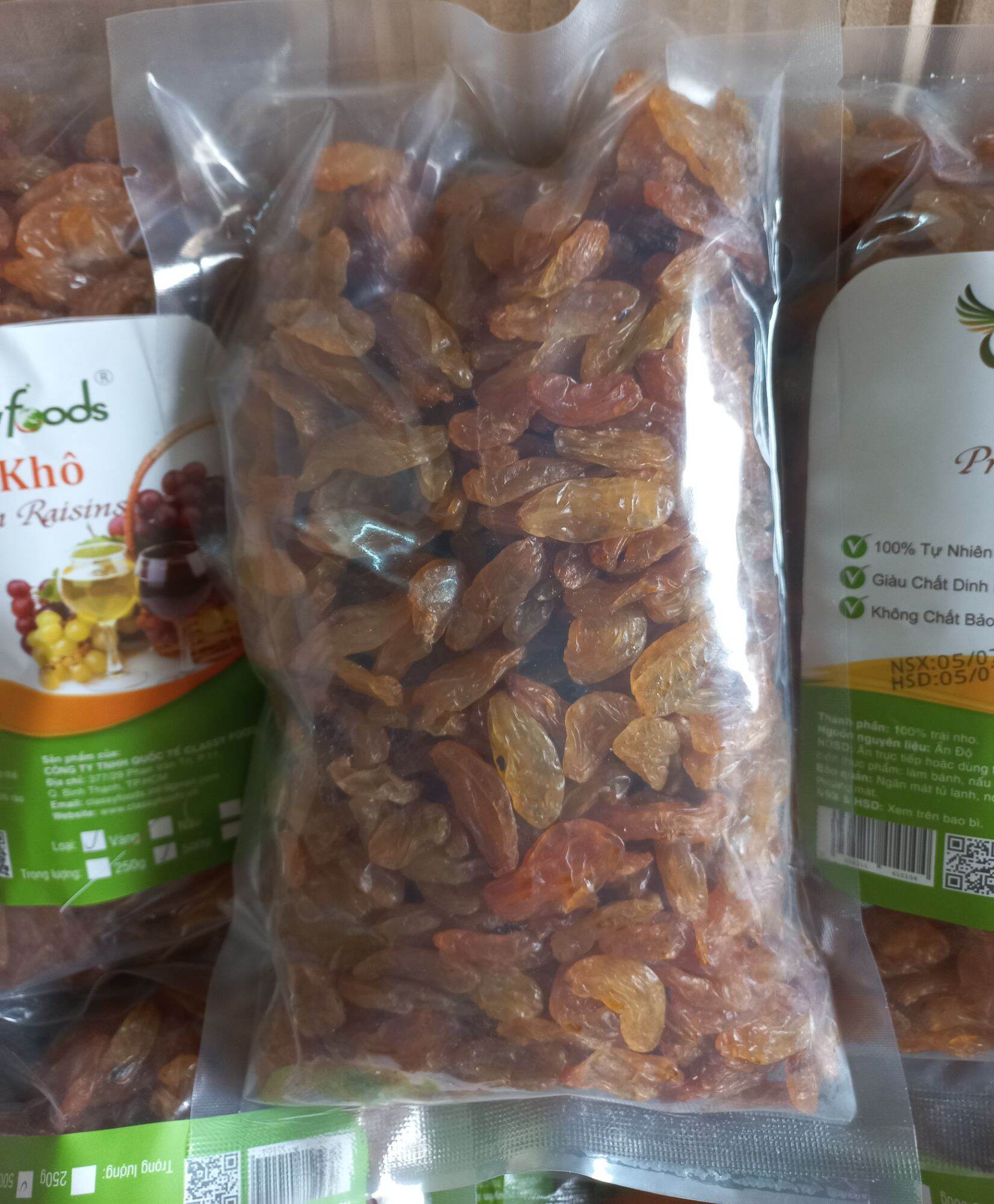 Nho vàng Ấn độ sấy khô trái to, dài, vị ngọt tự nhiên Gói 500gr