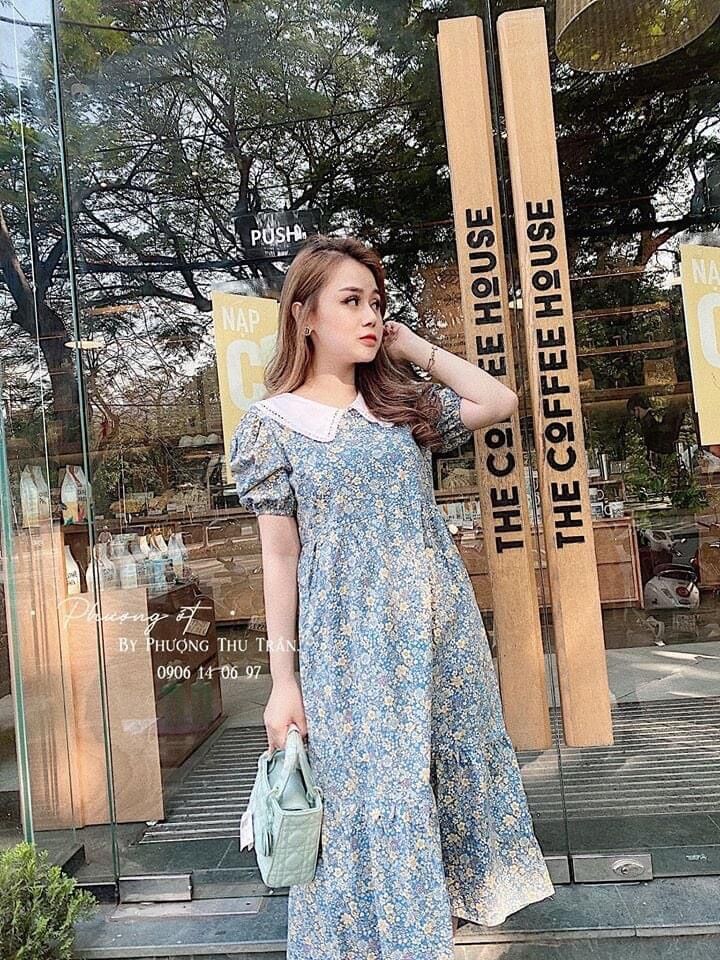 Đầm bầu cổ sơ mi hoa mùa hè siêu mát