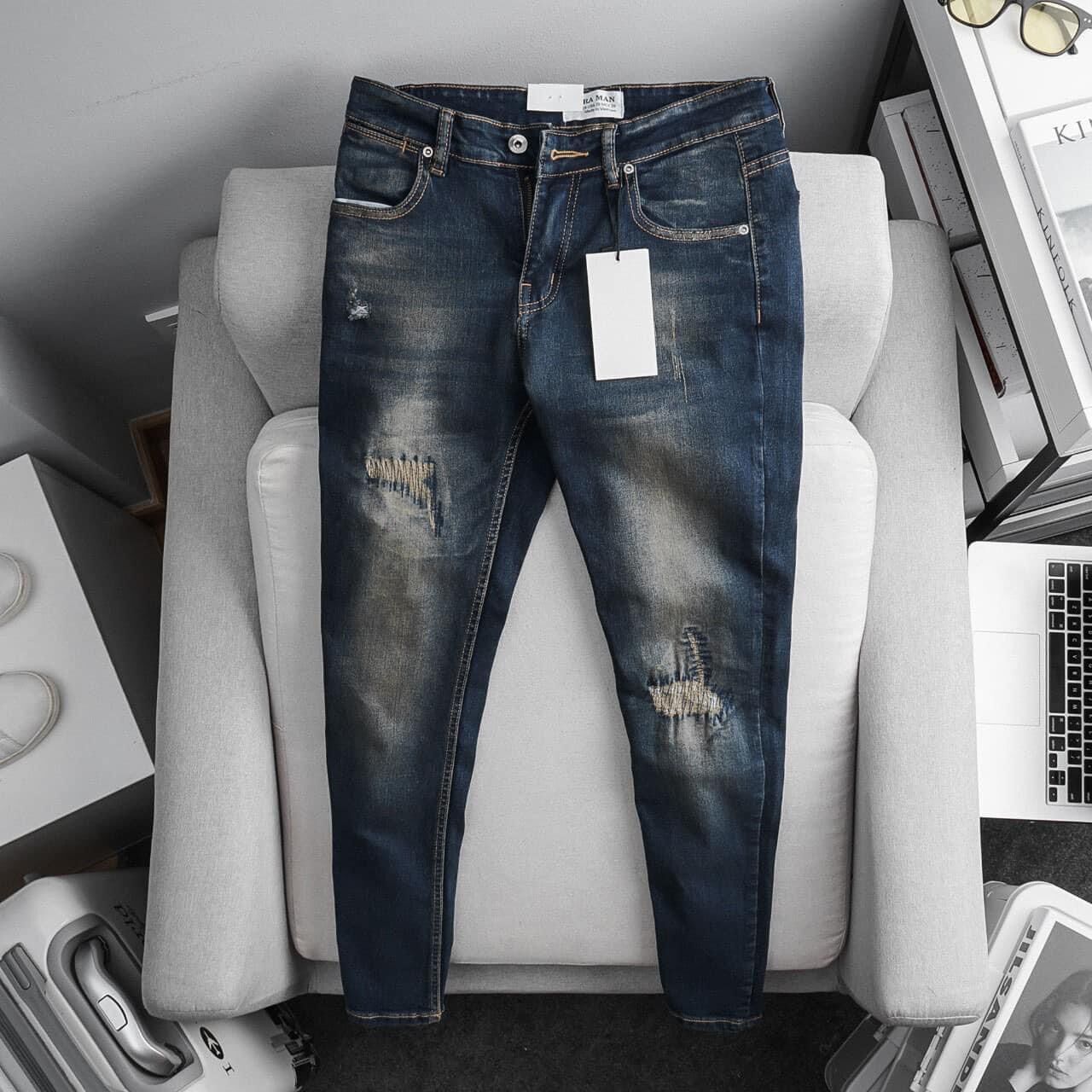 Quần jean nam xanh rêu rách ống ôm jeans co dãn không phai màu