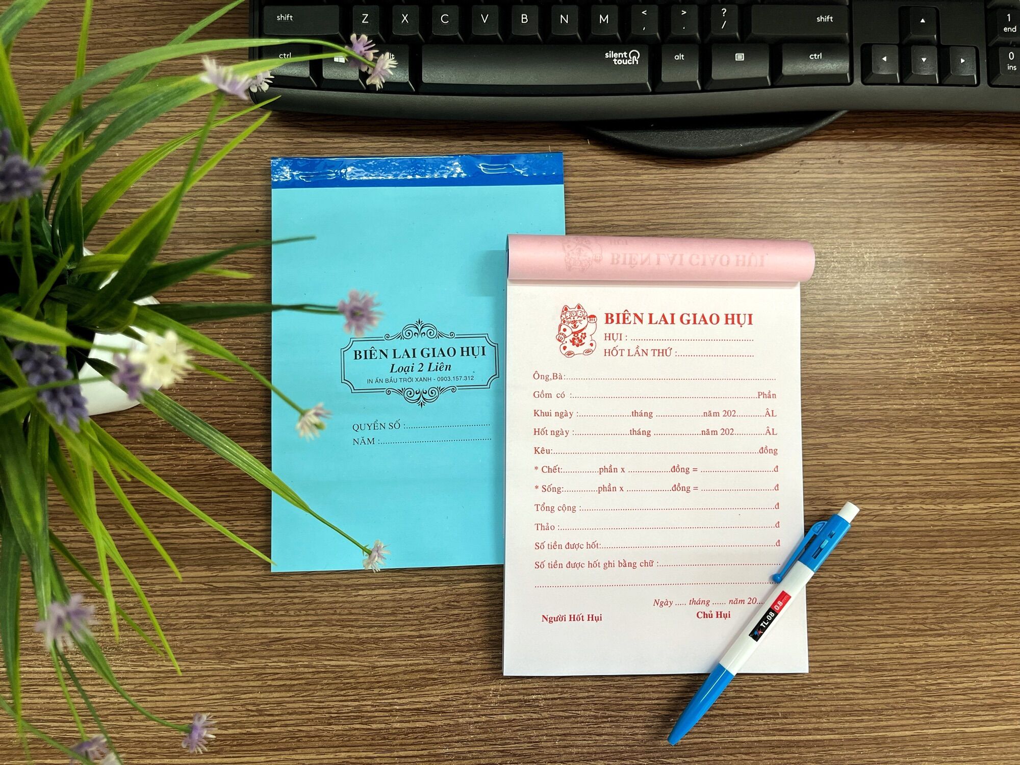 Biên lai giao hụi loại 1 liên, 2 liên 100 tờ/quyển