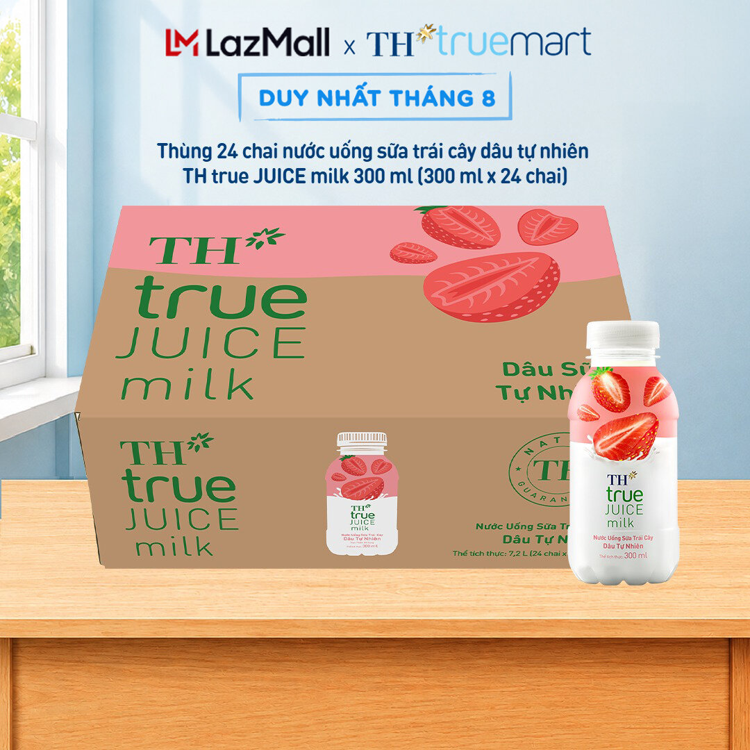 Thùng 24 chai nước uống sữa trái cây TH true JUICE milk dâu tự nhiên 300 ml (300 ml x 24)