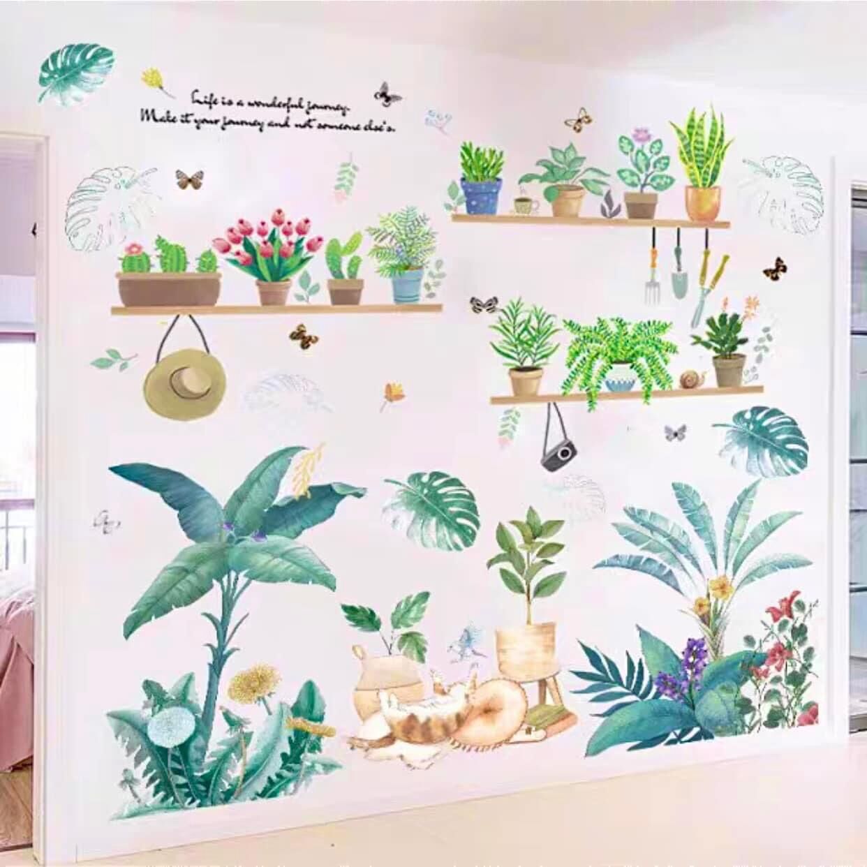 Decal dán tường cây mèo và chậu cây mũ nhỏ