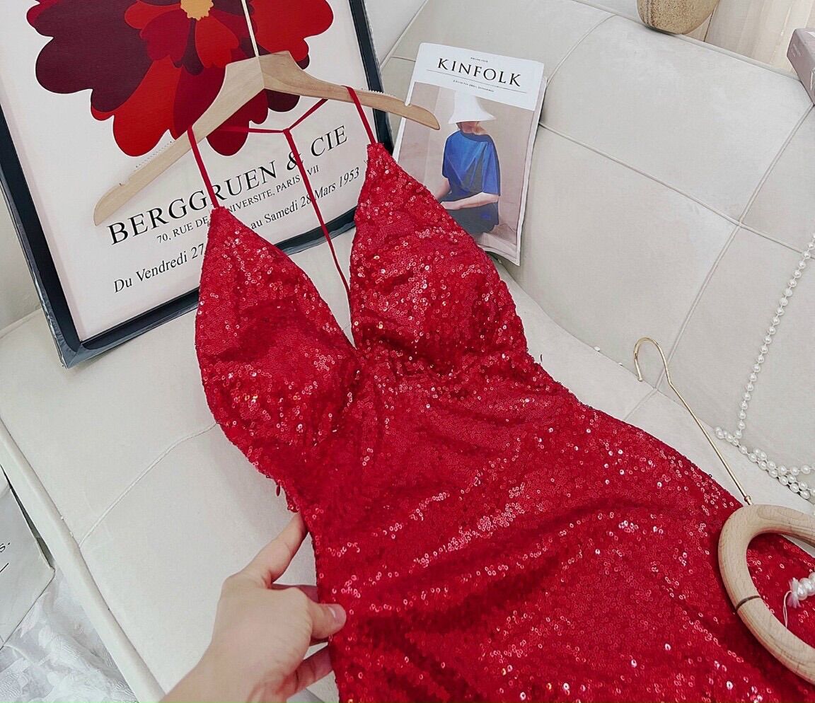 Đầm body kim sa hở lưng, freesize, dưới 55kg