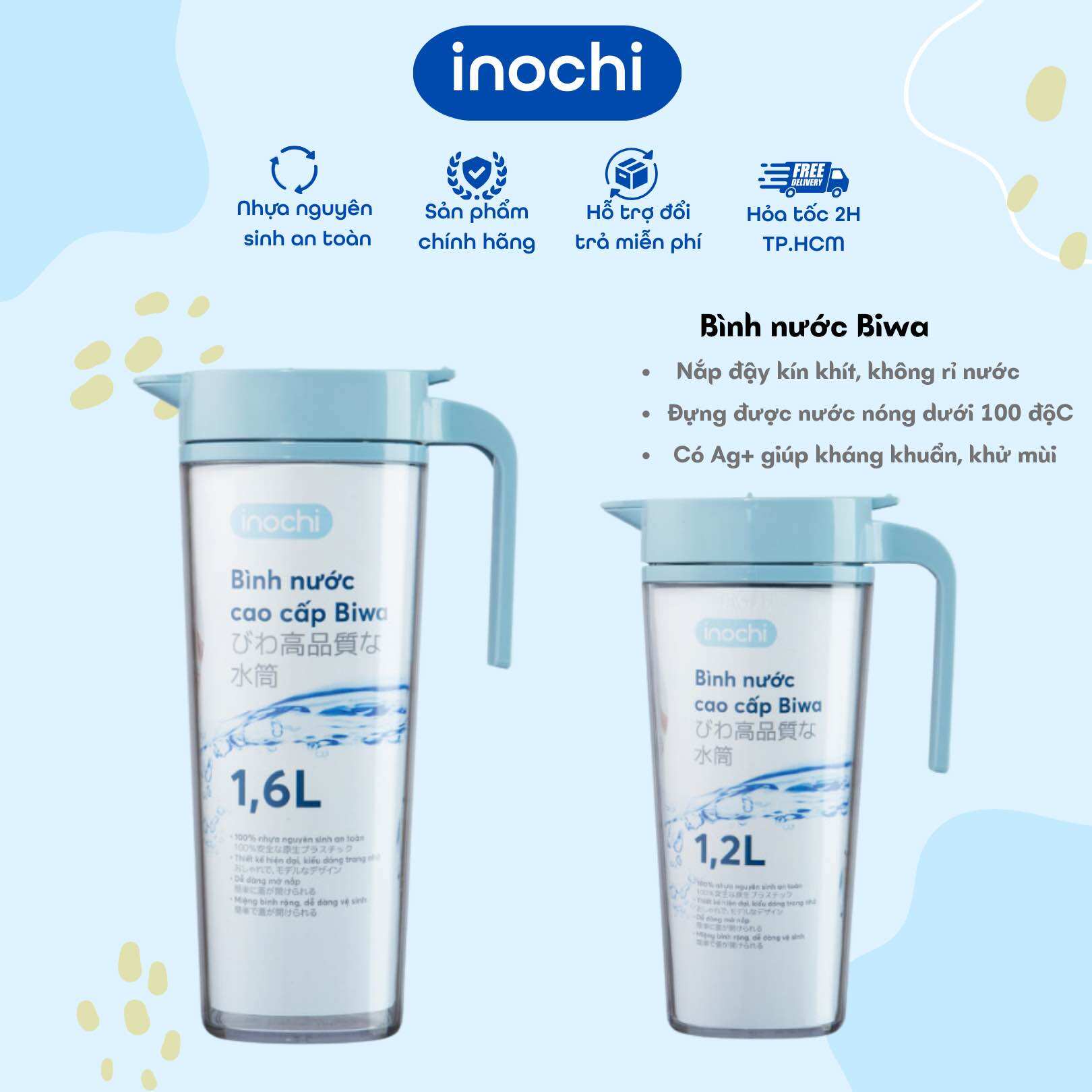 Bình nước bình đựng nước uống cao cấp biwa inochi 1,2l-1.6l an toàn cho sức khoẻ với khả năng kháng khuẩn