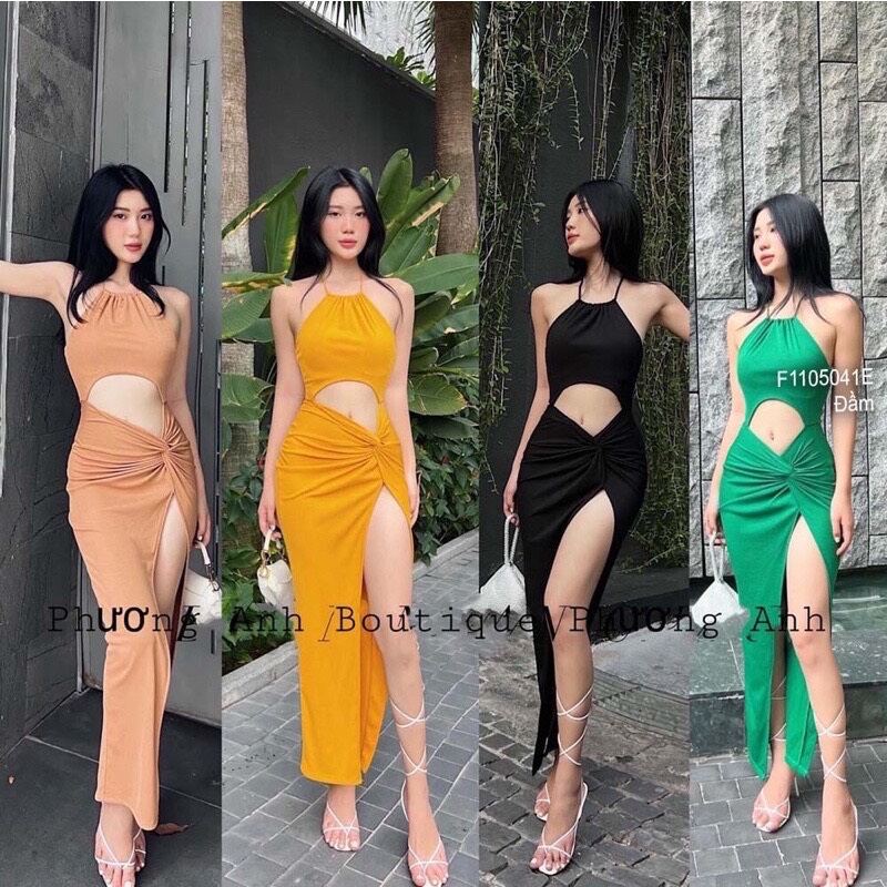 Đầm cổ yếm cột dây xoắn eo khoét hở bụng - dáng dài maxi xẻ tà - form ôm body sexy
