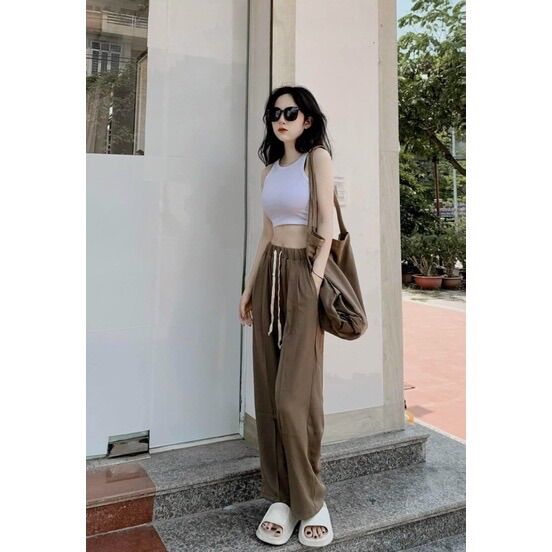 Quần suông dây rút eo chất ruby hottrend, Quần suông nữ dây rút eo phong cách