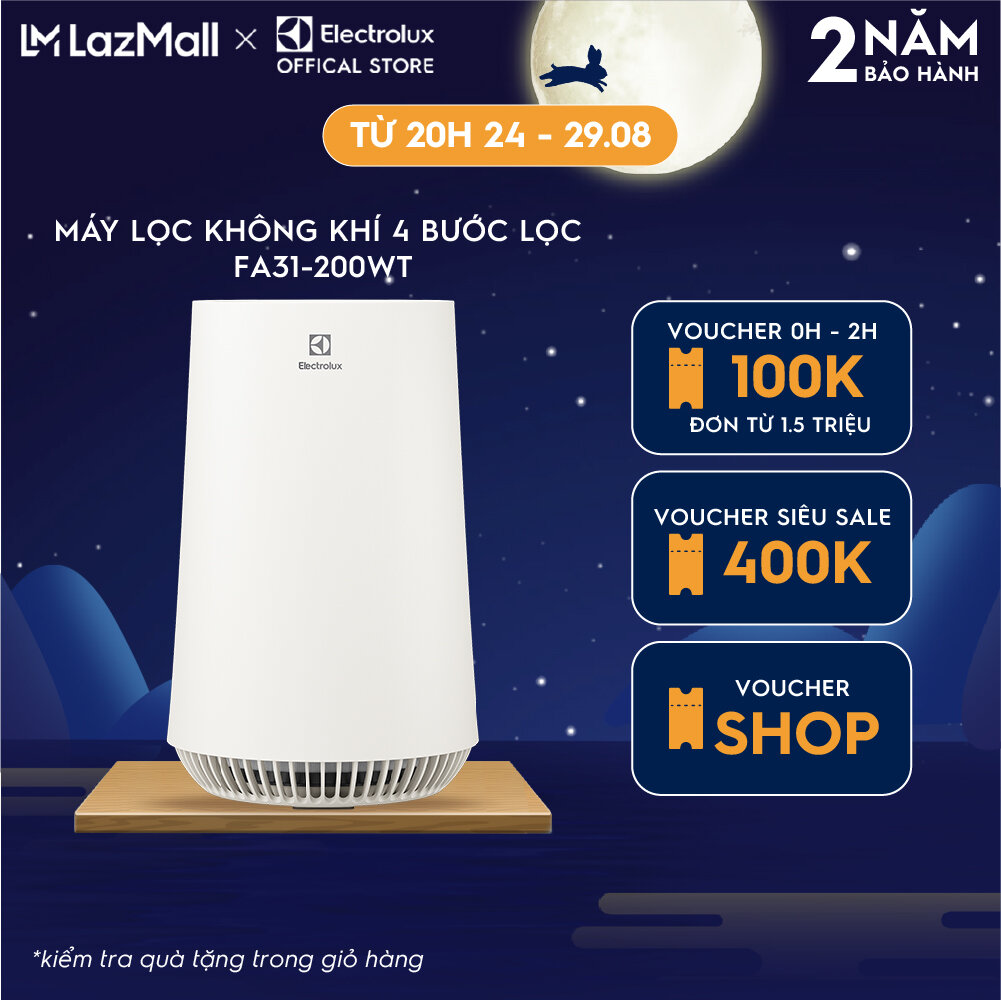 Máy lọc không khí electrolux fa31-200wt cho phòng 26m² - bộ lọc hepa 13 diệt khuẩn 99.98% bụi mịn & khử mùi, màn hình cảm ứng