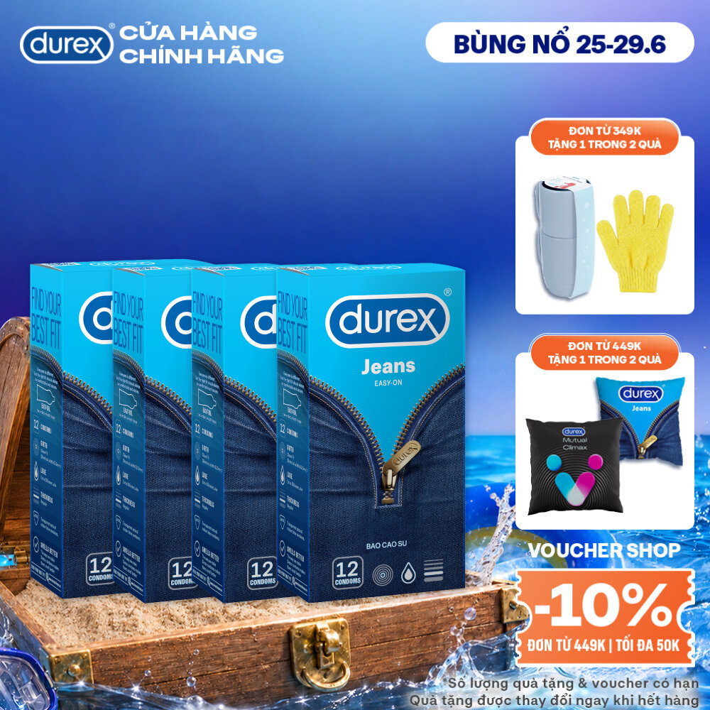 Combo 4 Bao cao su Durex Jeans cơ bản, bôi trơn, size 52.5mm, hộp 12 bao