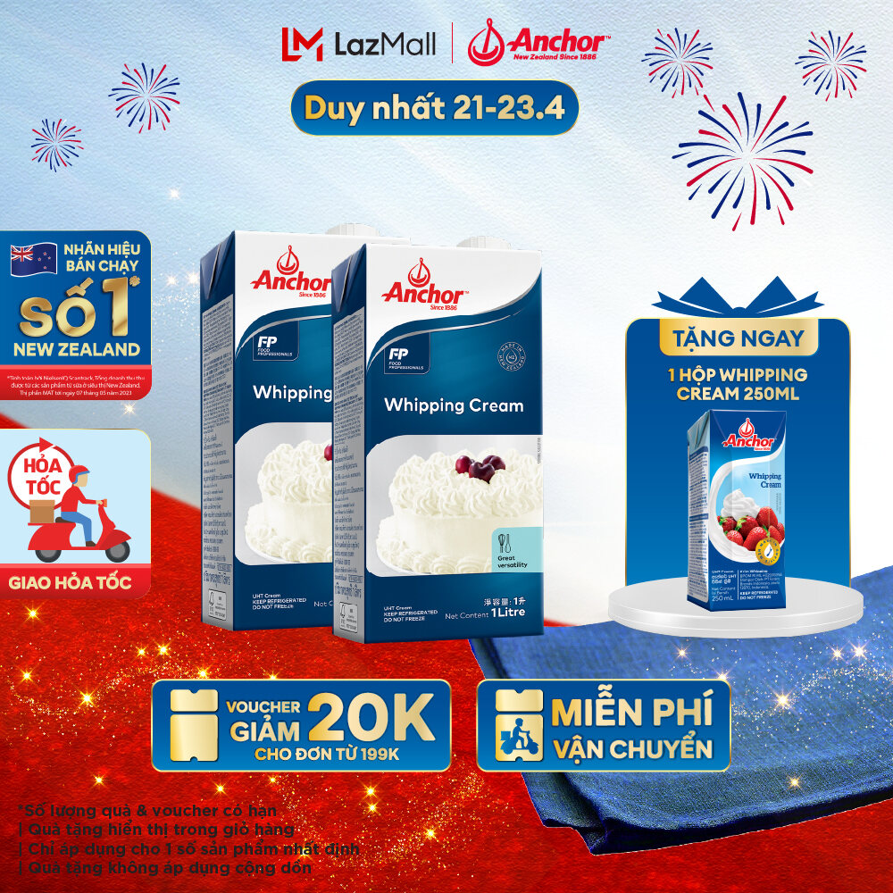 [GIẢM 20K ĐƠN 199K + GIẢM 20K PHÍ SHIP ĐƠN 99K - GIAO HÀNG HỎA TỐC - HCM] Combo 2 Kem sữa tươi tiệt trùng Anchor Whipping cream hộp 1 lít