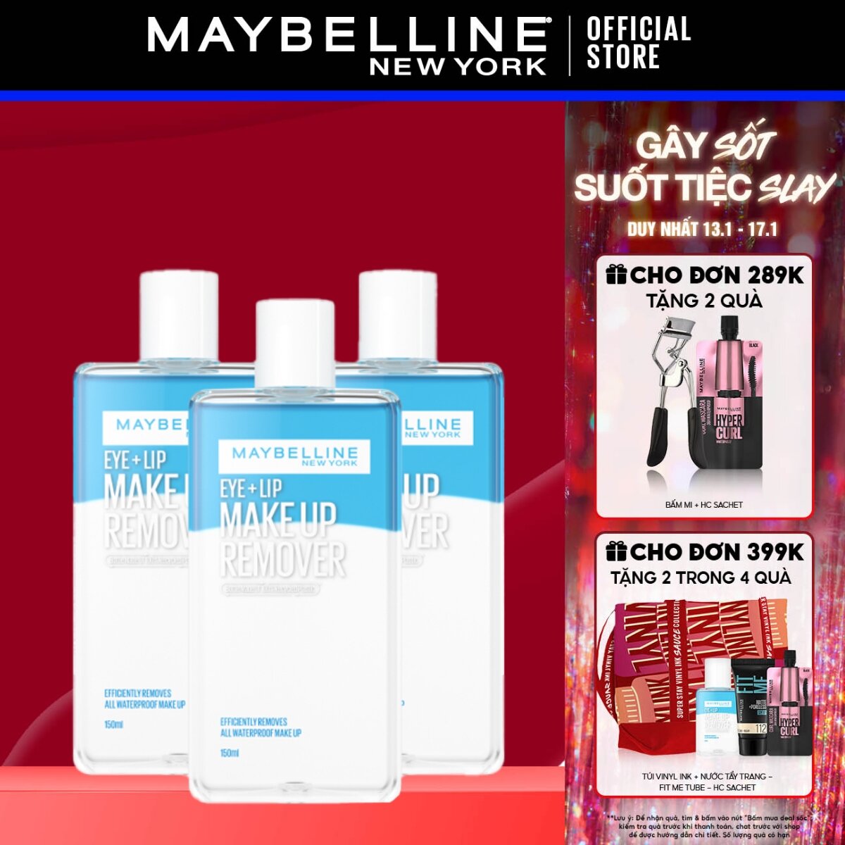 Bộ 3 Chai Nước Tẩy Trang Mắt và Môi Chuyên Dụng 2 lớp Maybelline New York Eye & Lip Makeup Remover 150ml