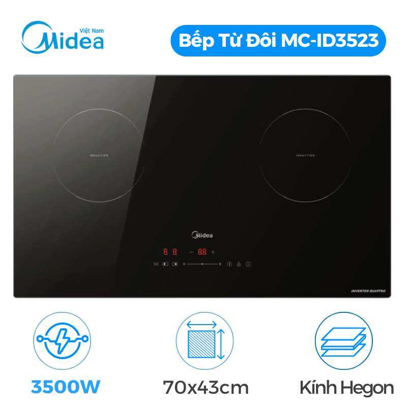 Bếp từ đôi Midea MC-ID3523, 73cm x 43cm, màu đen, công suất 3500W