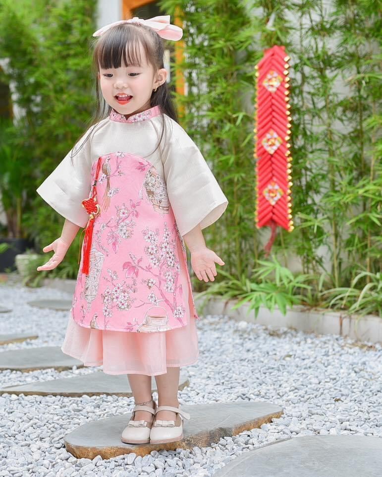 U1-Set áo dài cách tân gấm lụa bé gái 9-20kg
