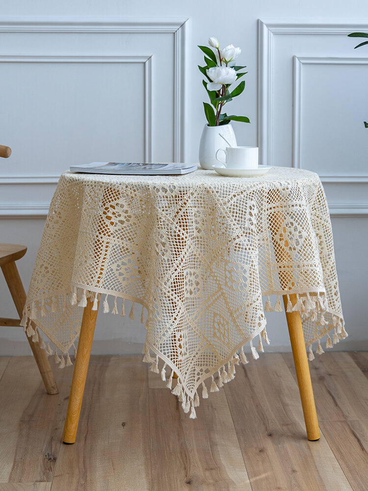 Vải Trải Bàn Hình Chữ Nhật Màu Trắng Phong Cách Cổ Điển Rỗng Ren Vải Trải Bàn Hình Tròn Nhỏ Phong Cách Nông Thôn Vải Trải Bàn