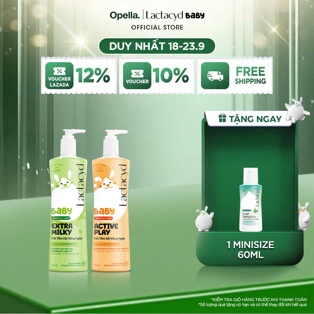Bộ Sữa Tắm Gội Trẻ em Lactacyd Baby Active Play 500ml +1 Lactacyd Baby Extra Milky 500ml