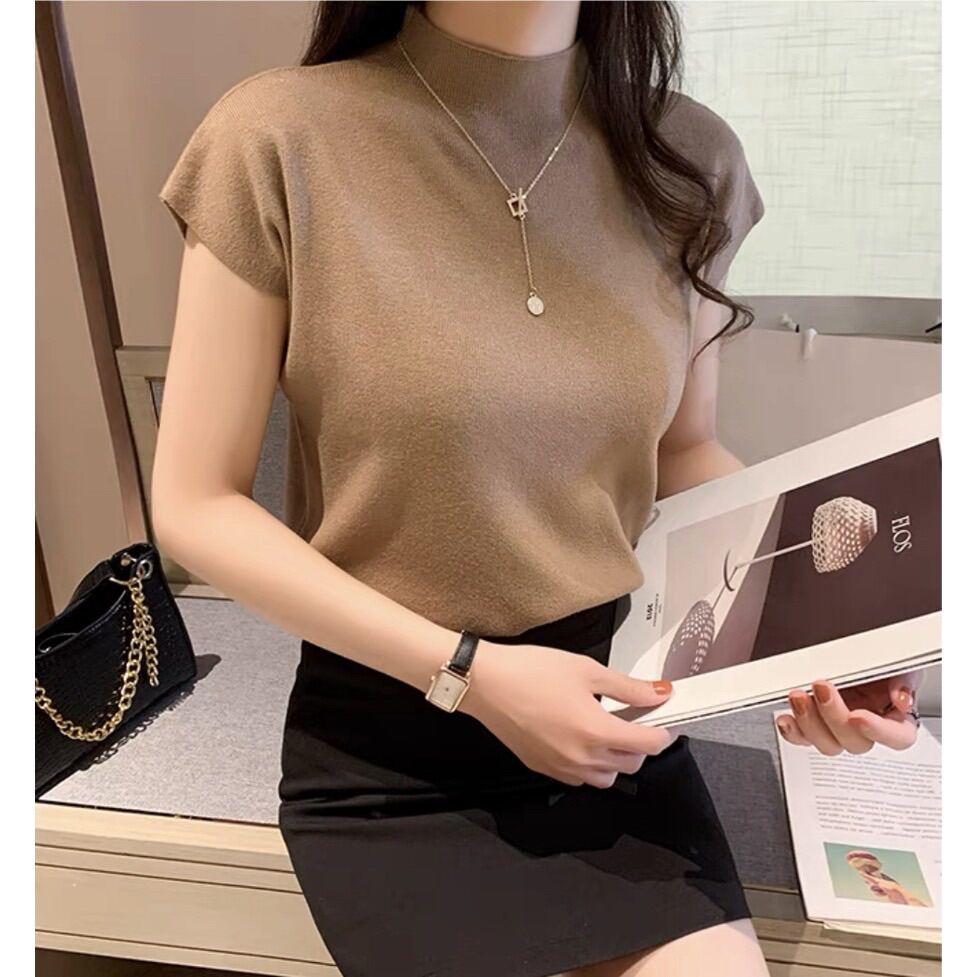 Áo len tay hến kiểu cổ lọ 3 phân nữ vải len lông thỏ siêu mềm mịn Áo thun dệt kim tay ngắn hàng Quản