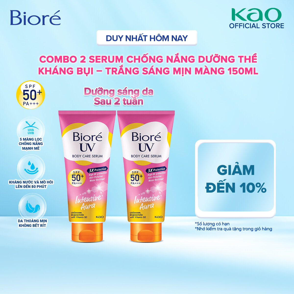 [Tặng tẩy trang 90ml] Combo 2 Serum Chống Nắng Dưỡng Thể Kháng Bụi - Trắng Sáng Mịn Màng Biore 150ml