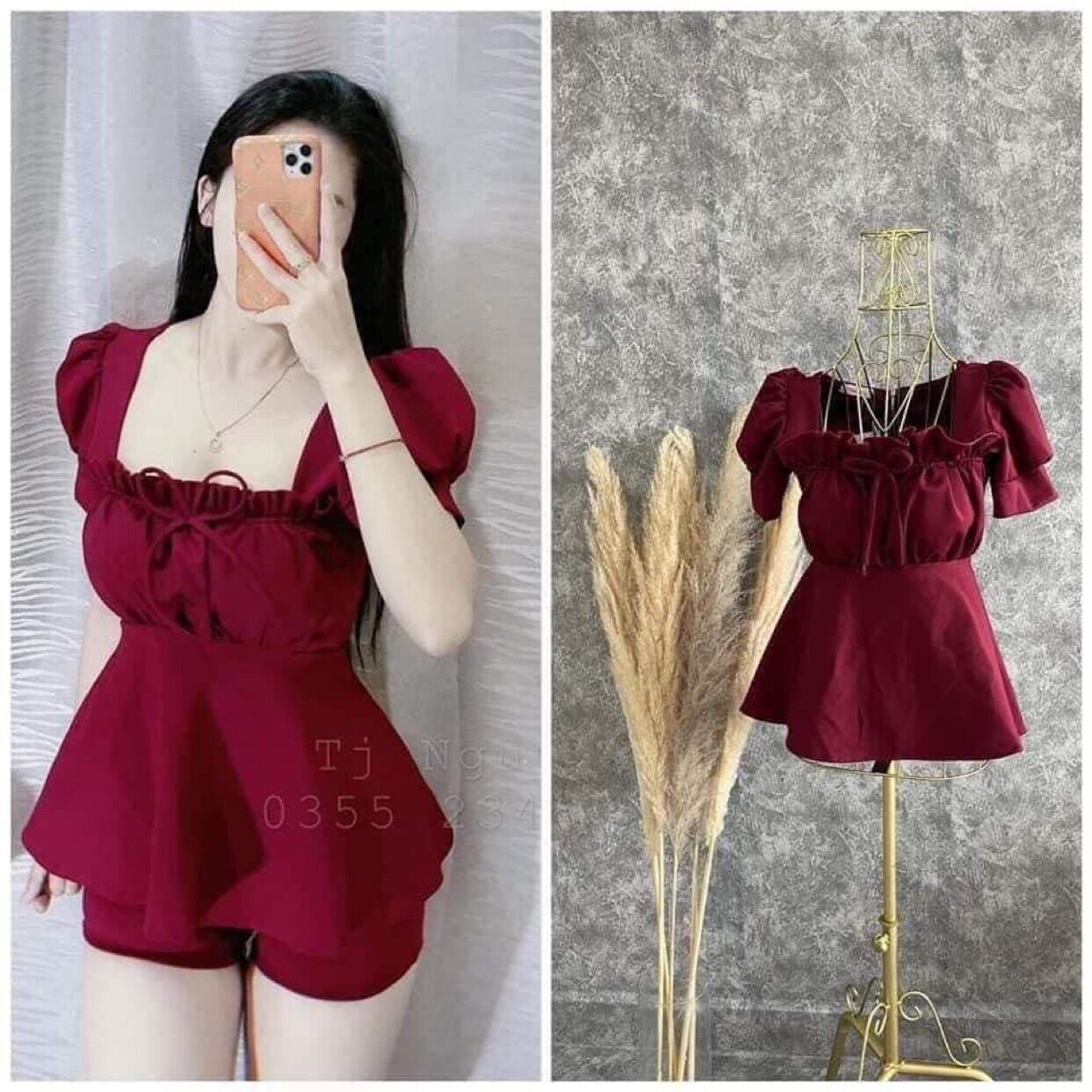 Sét bộ cổ vuông tay bồng phía sao lưng thun