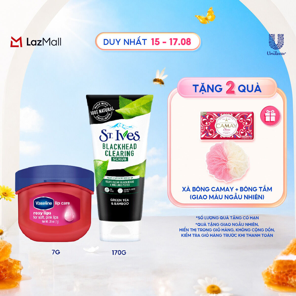 Combo Sữa rửa mặt tẩy tế bào chết ngừa mụn St.Ives Trà Xanh 170g + Sáp dưỡng môi Vaseline hồng xinh 7g
