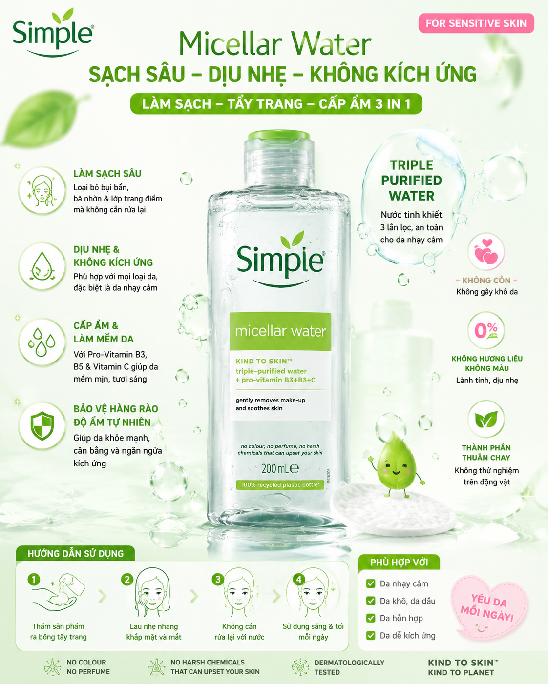 Simple Micellar Water cho da nhạy cảm - Làm sạch - Tẩy trang - Cấp ẩm 3 trong 1 - 200ml