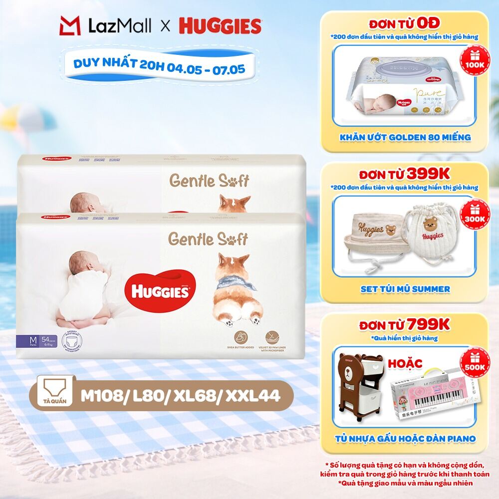 Combo 2 Tã quần Huggies Gentle Soft - Corgi M54/L40/XL34/XXL22 miếng êm mềm nâng niu làn da bé