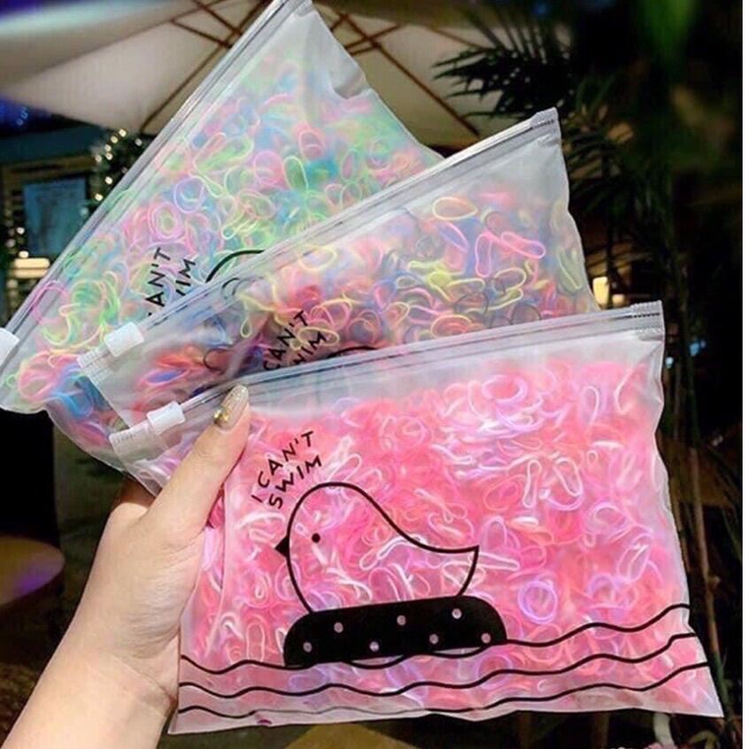 Set 1000 chun buộc tóc nhiều màu kèm túi zip cho bé, Thun cột tóc nhiều màu