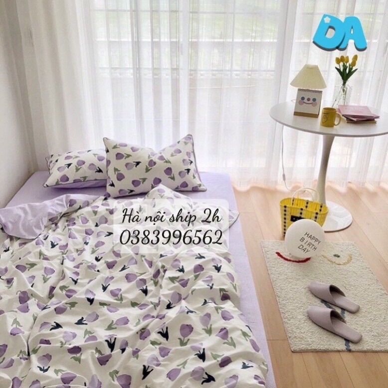 Chăn ga gối Cotton 3D - Mẫu hoa tuylip tím