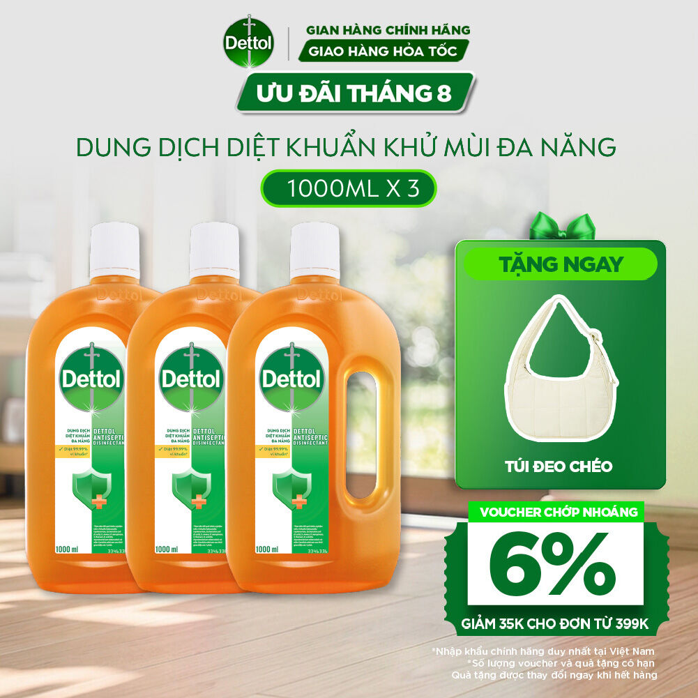Combo 3 Chai Dung Dịch Diệt Khuẩn Khử Mùi Đa Năng Dettol, chai 1L